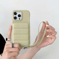 Down Jacket Wallet Card Holder Phone Case with Lanyard for iPhone 15 Series