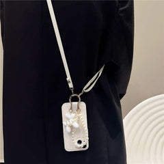 Camellia Flower and Puppy Pearl Charm Leather Crossbody Lanyard Phone Case for iPhone 13 Series