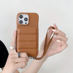 Down Jacket Wallet Card Holder Phone Case with Lanyard for iPhone 12 Series