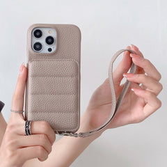 Down Jacket Wallet Card Holder Phone Case with Lanyard for iPhone 14 Series